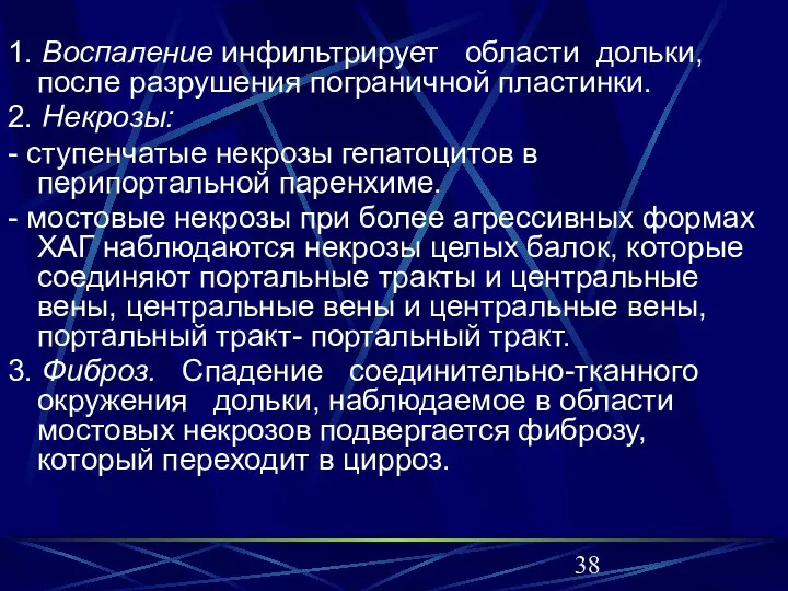 1. Воспаление инфильтрирует области дольки, после разрушения пограничной пластинки. 2. Некрозы: -