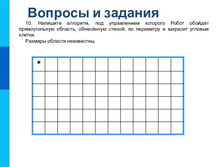 Вопросы и задания 10. Напишите алгоритм, под управлением которого Робот обойдёт прямоугольную