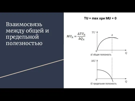 Взаимосвязь между общей и предельной полезностью TU = max при MU = 0