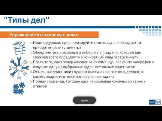 "Типы дел" Упражнение в сессионных залах Индивидуально проанализируйте список задач по квадратам