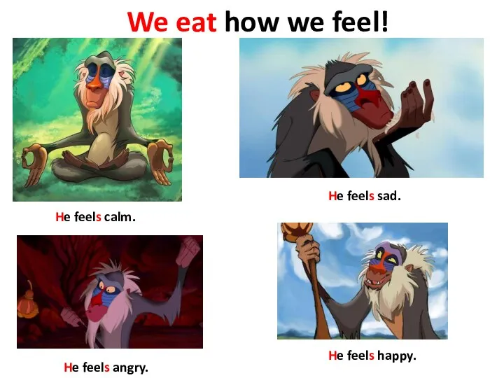We eat how we feel! He feels calm. He feels sad. He