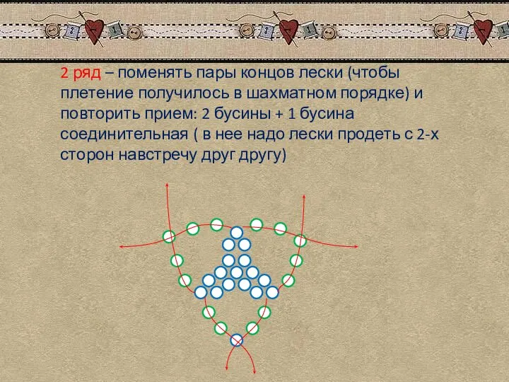 2 ряд – поменять пары концов лески (чтобы плетение получилось в шахматном