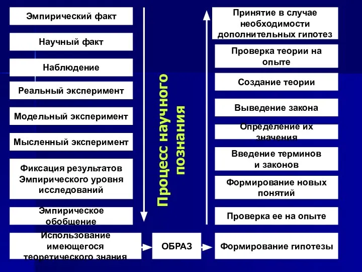 Процесс научного познания Эмпирический факт Научный факт Наблюдение Реальный эксперимент Модельный эксперимент