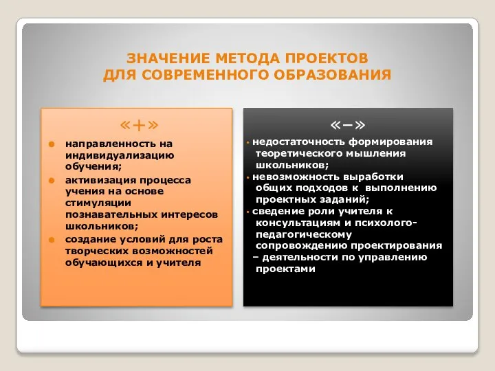 ЗНАЧЕНИЕ МЕТОДА ПРОЕКТОВ ДЛЯ СОВРЕМЕННОГО ОБРАЗОВАНИЯ «–» недостаточность формирования теоретического мышления школьников;