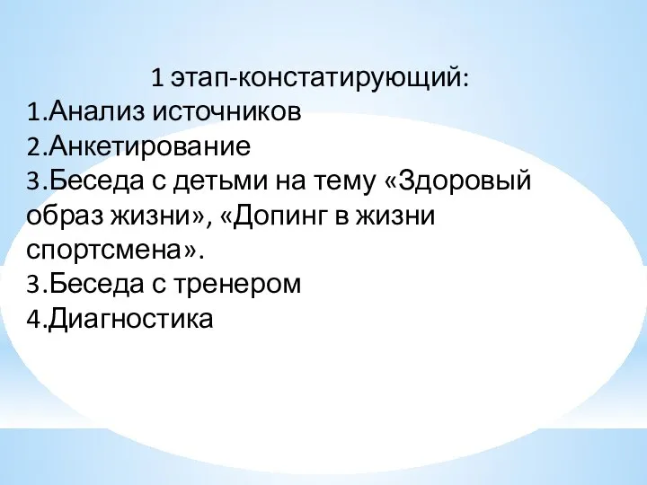 1 этап-констатирующий: 1.Анализ источников 2.Анкетирование 3.Беседа с детьми на тему «Здоровый образ