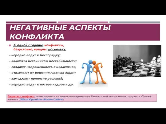 НЕГАТИВНЫЕ АСПЕКТЫ КОНФЛИКТА С одной стороны, конфликты, безусловно, вредны, поскольку: - нередко