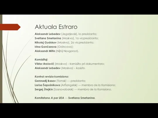Aktuala Estraro Aleksandr Lebedev (Jegorjevsk), la prezidanto; Svetlana Smetanina (Moskvo), 1a vicprezidanto;