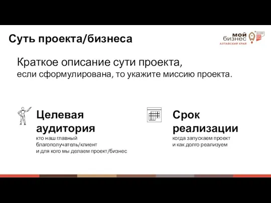 Краткое описание сути проекта, если сформулирована, то укажите миссию проекта. Срок реализации