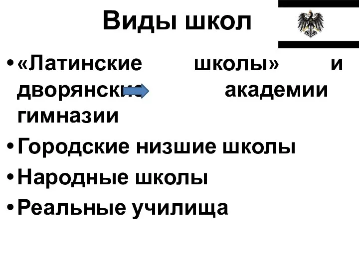 Виды школ «Латинские школы» и дворянские академии гимназии Городские низшие школы Народные школы Реальные училища