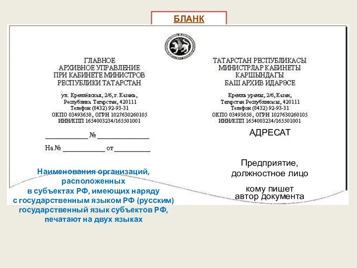 БЛАНК ПИСЬМА: Наименования организаций, расположенных в субъектах РФ, имеющих наряду с государственным