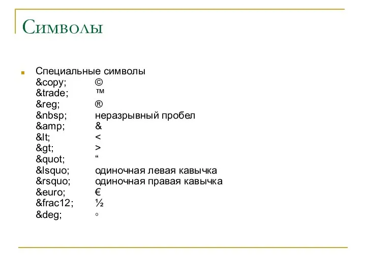Cимволы Специальные символы &copy; © &trade; ™ &reg; ® &nbsp; неразрывный пробел