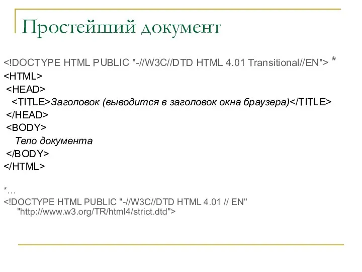 Простейший документ * Заголовок (выводится в заголовок окна браузера) Тело документа *…