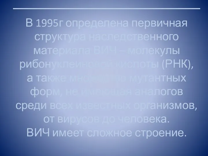 В 1995г определена первичная структура наследственного материала ВИЧ – молекулы рибонуклеиновой кислоты