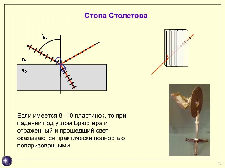 Если имеется 8 -10 пластинок, то при падении под углом Брюстера и