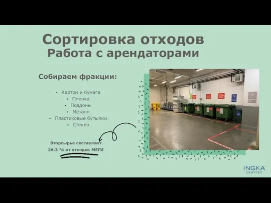 Сортировка отходов Работа с арендаторами Вторсырье составляет 26.3 % от отходов МЕГИ