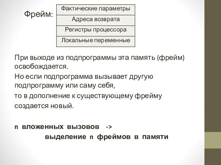 Фрейм: При выходе из подпрограммы эта память (фрейм) освобождается. Но если подпрограмма