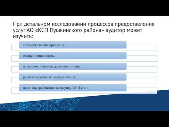 При детальном исследовании процессов предоставления услуг АО «КСП Пушкинского района» аудитор может изучить: