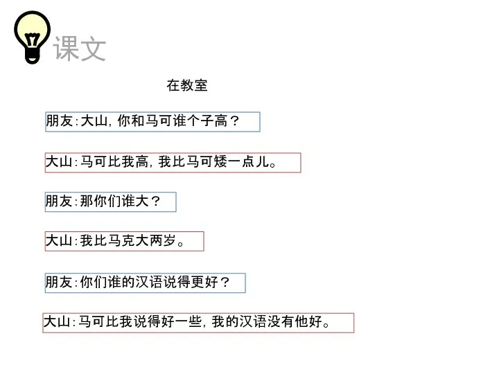 在教室 朋友：大山，你和马可谁个子高？ 大山：马可比我高，我比马可矮一点儿。 朋友：那你们谁大？ 大山：我比马克大两岁。 朋友：你们谁的汉语说得更好？ 大山：马可比我说得好一些，我的汉语没有他好。