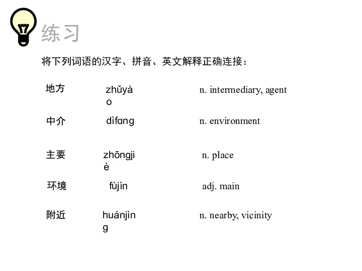 练习 将下列词语的汉字、拼音、英文解释正确连接： n. place 地方 n. intermediary, agent 中介 dìfɑnɡ zhōnɡjiè adj.