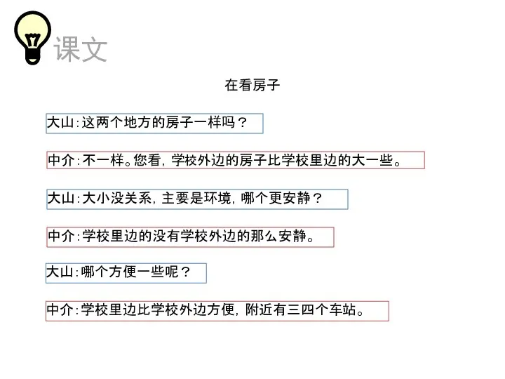 在看房子 大山：这两个地方的房子一样吗？ 大山：大小没关系，主要是环境，哪个更安静？ 中介：学校里边的没有学校外边的那么安静。 中介：不一样。您看，学校外边的房子比学校里边的大一些。 大山：哪个方便一些呢？ 中介：学校里边比学校外边方便，附近有三四个车站。