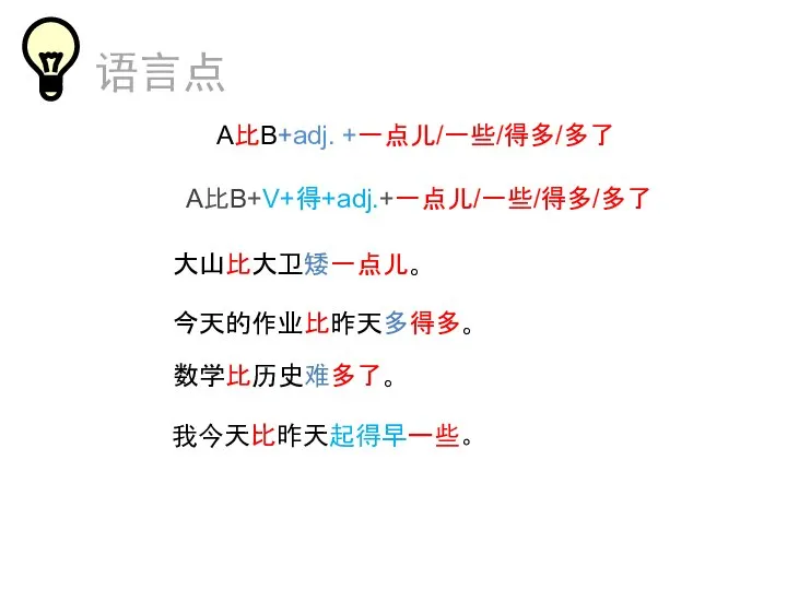 语言点 A比B+adj. +一点儿/一些/得多/多了 A比B+V+得+adj.+一点儿/一些/得多/多了 大山比大卫矮一点儿。 今天的作业比昨天多得多。 数学比历史难多了。 我今天比昨天起得早一些。