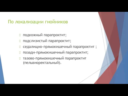 По локализации гнойников подкожный парапроктит; подслизистый парапроктит; седалищно-прямокишечный парапроктит ; позади-прямокишечный парапроктит; тазово-прямокишечный парапроктит(пельвиоректальный).