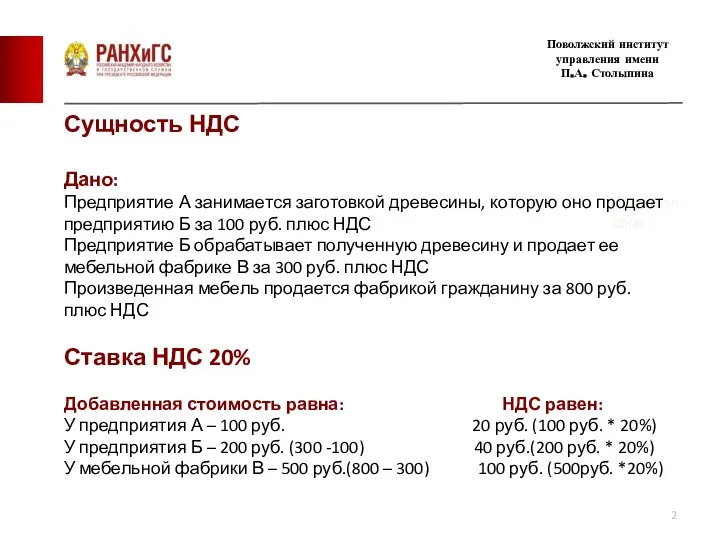 Подзаголовок Поволжский институт управления имени П.А. Столыпина Сущность НДС Дано: Предприятие А