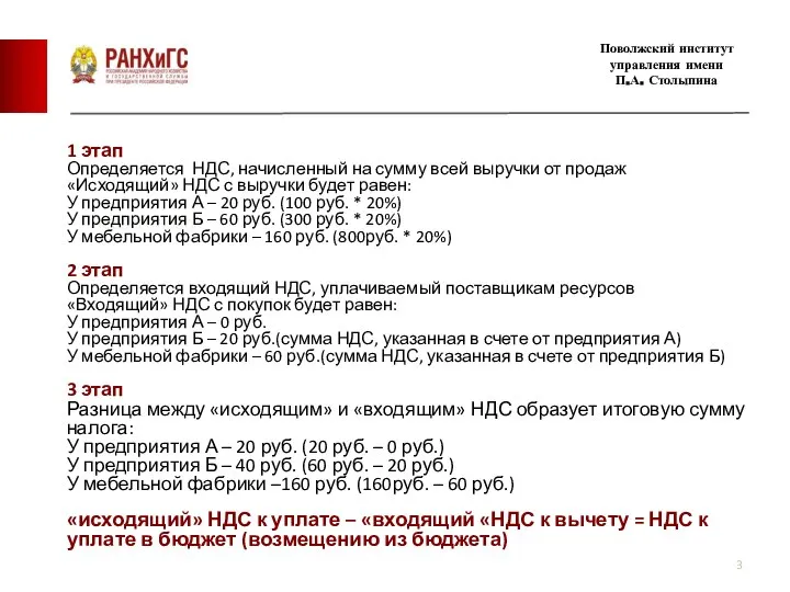 Подзаголовок Поволжский институт управления имени П.А. Столыпина 1 этап Определяется НДС, начисленный