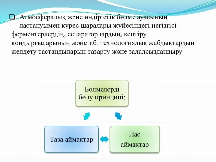 Атмосфералық және өндірістік бөлме ауасының ластануымен күрес шаралары жүйесіндегі негізгісі – ферментерлердің,