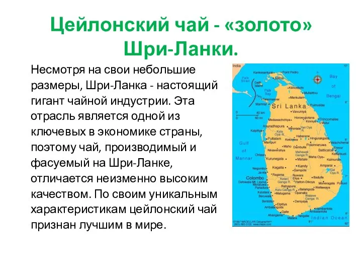 Цейлонский чай - «золото» Шри-Ланки. Несмотря на свои небольшие размеры, Шри-Ланка -