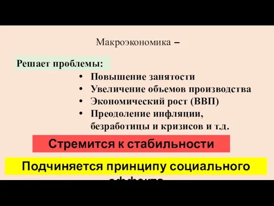 Макроэкономика – Повышение занятости Увеличение объемов производства Экономический рост (ВВП) Преодоление инфляции,