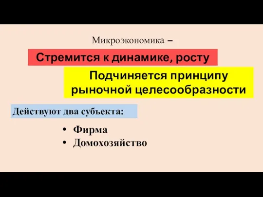 Микроэкономика – Фирма Домохозяйство Действуют два субъекта: Стремится к динамике, росту Подчиняется принципу рыночной целесообразности