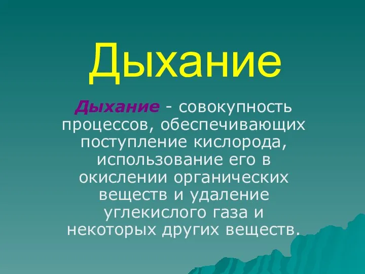 Дыхание Дыхание - совокупность процессов, обеспечивающих поступление кислорода, использование его в окислении