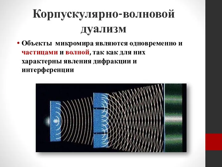 Корпускулярно-волновой дуализм Объекты микромира являются одновременно и частицами и волной, так как