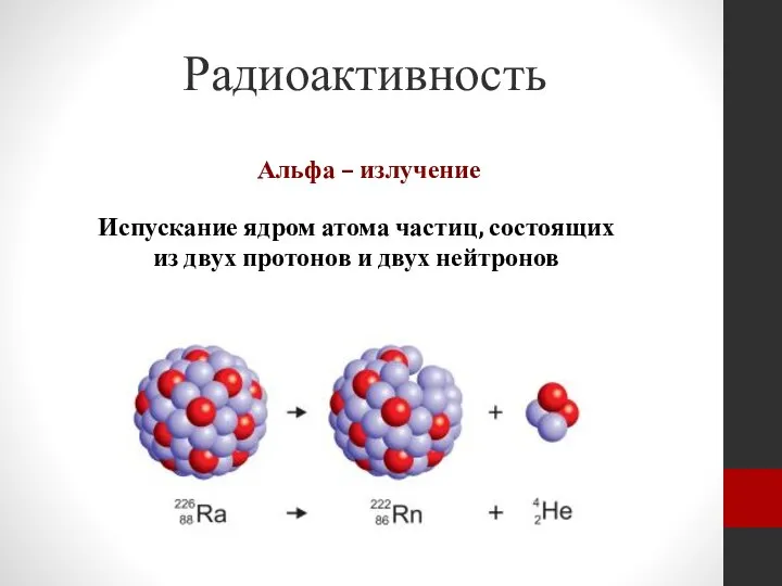 Радиоактивность Альфа – излучение Испускание ядром атома частиц, состоящих из двух протонов и двух нейтронов