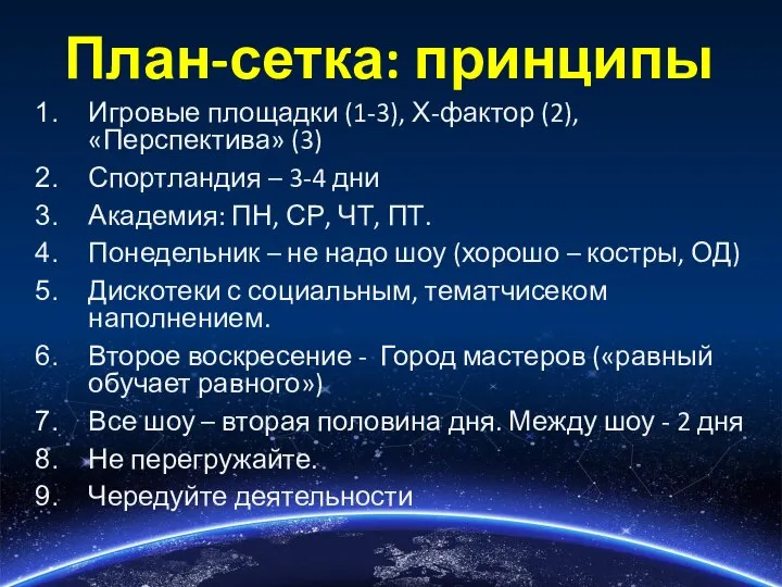 План-сетка: принципы Игровые площадки (1-3), Х-фактор (2), «Перспектива» (3) Спортландия – 3-4