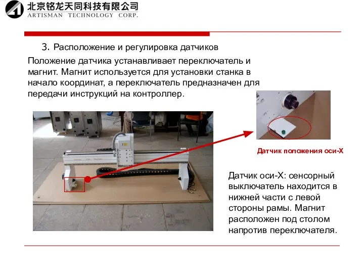 3. Расположение и регулировка датчиков Датчик оси-Х: сенсорный выключатель находится в нижней