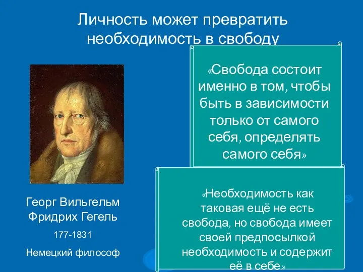 Личность может превратить необходимость в свободу Георг Вильгельм Фридрих Гегель 177-1831 Немецкий