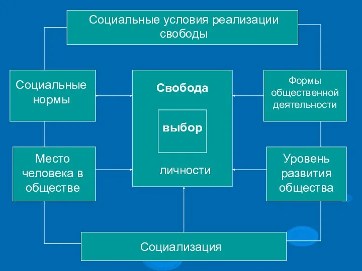 Социальные условия реализации свободы Свобода личности выбор Социализация Формы общественной деятельности Уровень