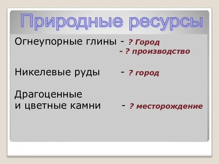 Огнеупорные глины - ? Город - ? производство Никелевые руды - ?