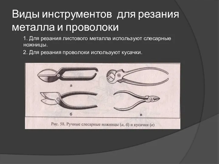 Виды инструментов для резания металла и проволоки 1. Для резания листового металла