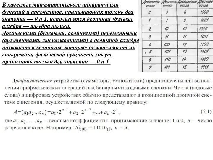 В качестве математического аппарата для функций и аргументов, принимающих только два значения