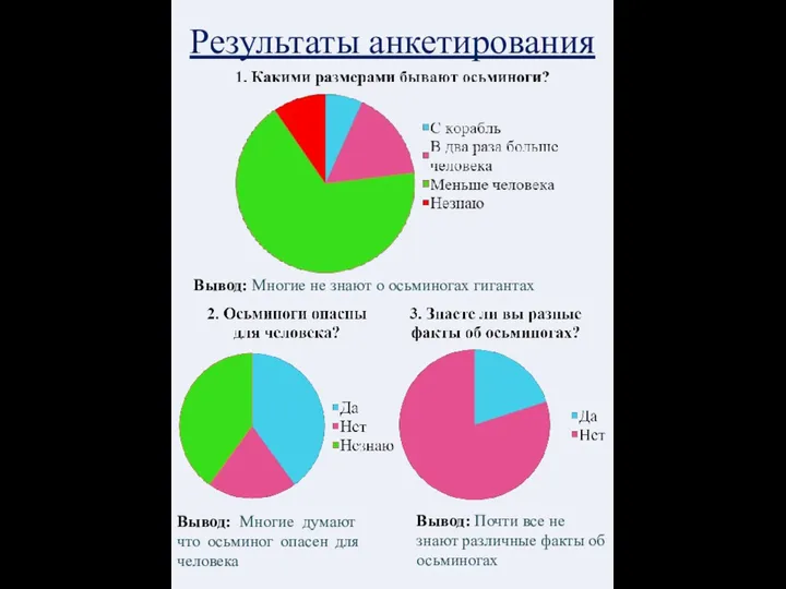 Результаты анкетирования Вывод: Многие не знают о осьминогах гигантах Вывод: Многие думают