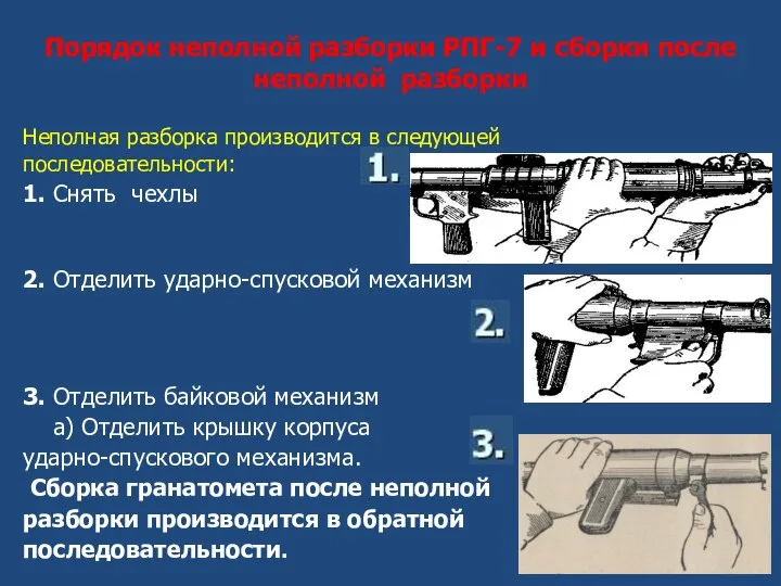 Порядок неполной разборки РПГ-7 и сборки после неполной разборки Неполная разборка производится