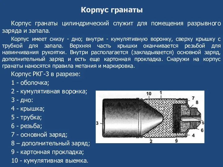 Корпус гранаты Корпус гранаты цилиндрический служит для помещения разрывного заряда и запала.