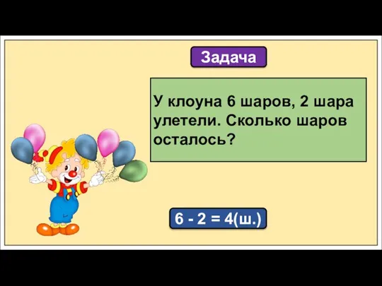 Задача У клоуна 6 шаров, 2 шара улетели. Сколько шаров осталось? 6 - 2 = 4(ш.)