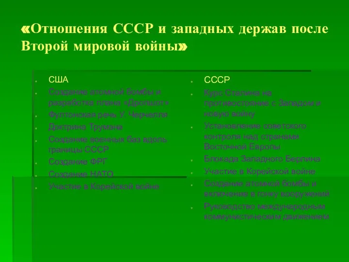 «Отношения СССР и западных держав после Второй мировой войны» США Создание атомной