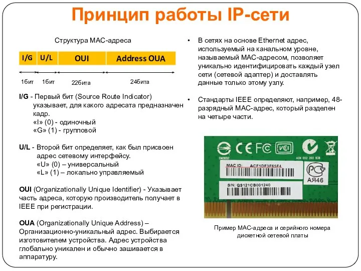 Принцип работы IP-сети В сетях на основе Ethernet адрес, используемый на канальном