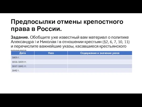 Предпосылки отмены крепостного права в России. Задание. Обобщите уже известный вам материал