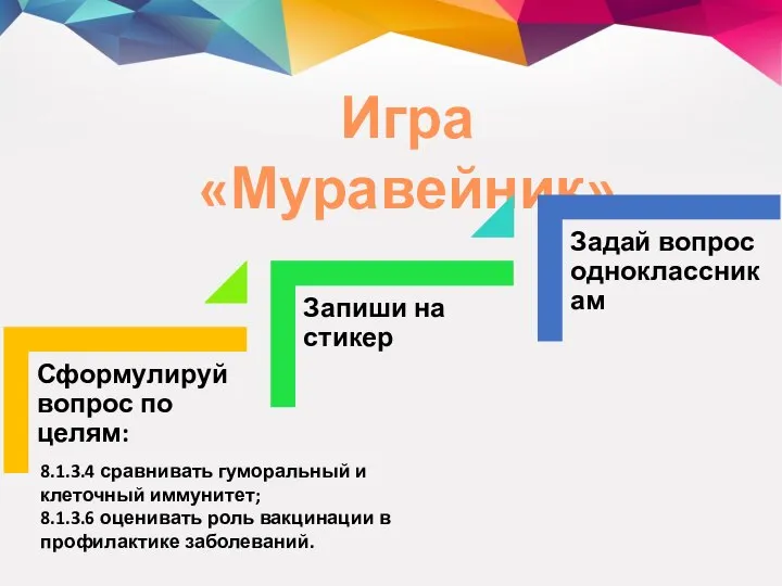 Игра «Муравейник» 8.1.3.4 сравнивать гуморальный и клеточный иммунитет; 8.1.3.6 оценивать роль вакцинации в профилактике заболеваний.